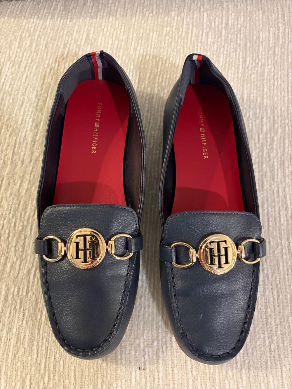 Tommy Hilfiger Navy Leather Loafers with Gold Emblem